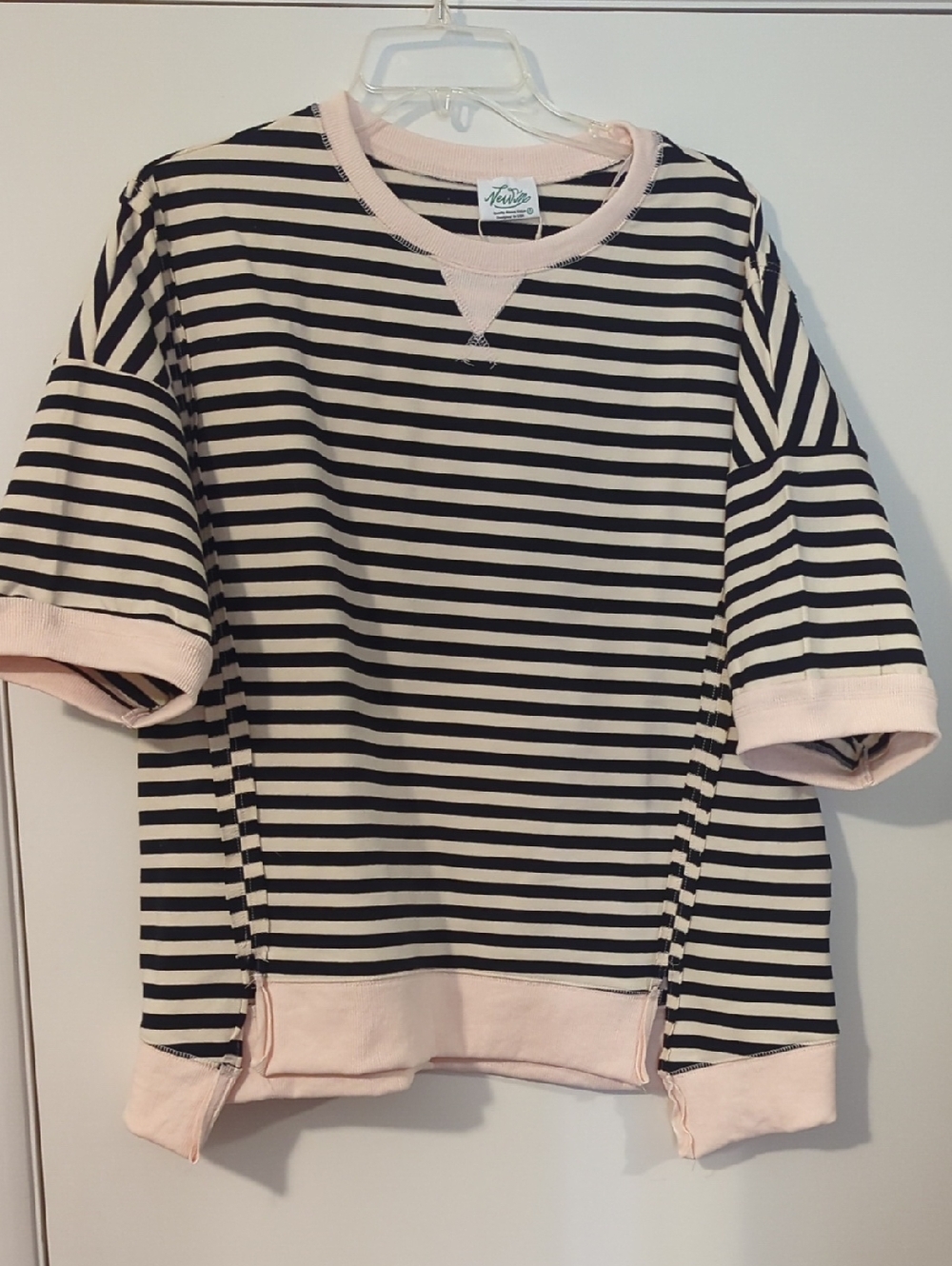Very J Black and Light Pink Striped Short Sleeve Sweatshirt Top